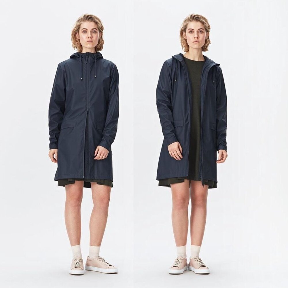 Rains Navy Hooded Long Raincoat - XS/S
